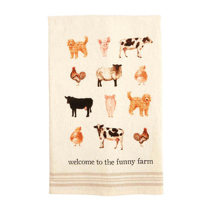 Welcome to the funny farm" towel printed with a variety of fame animals.