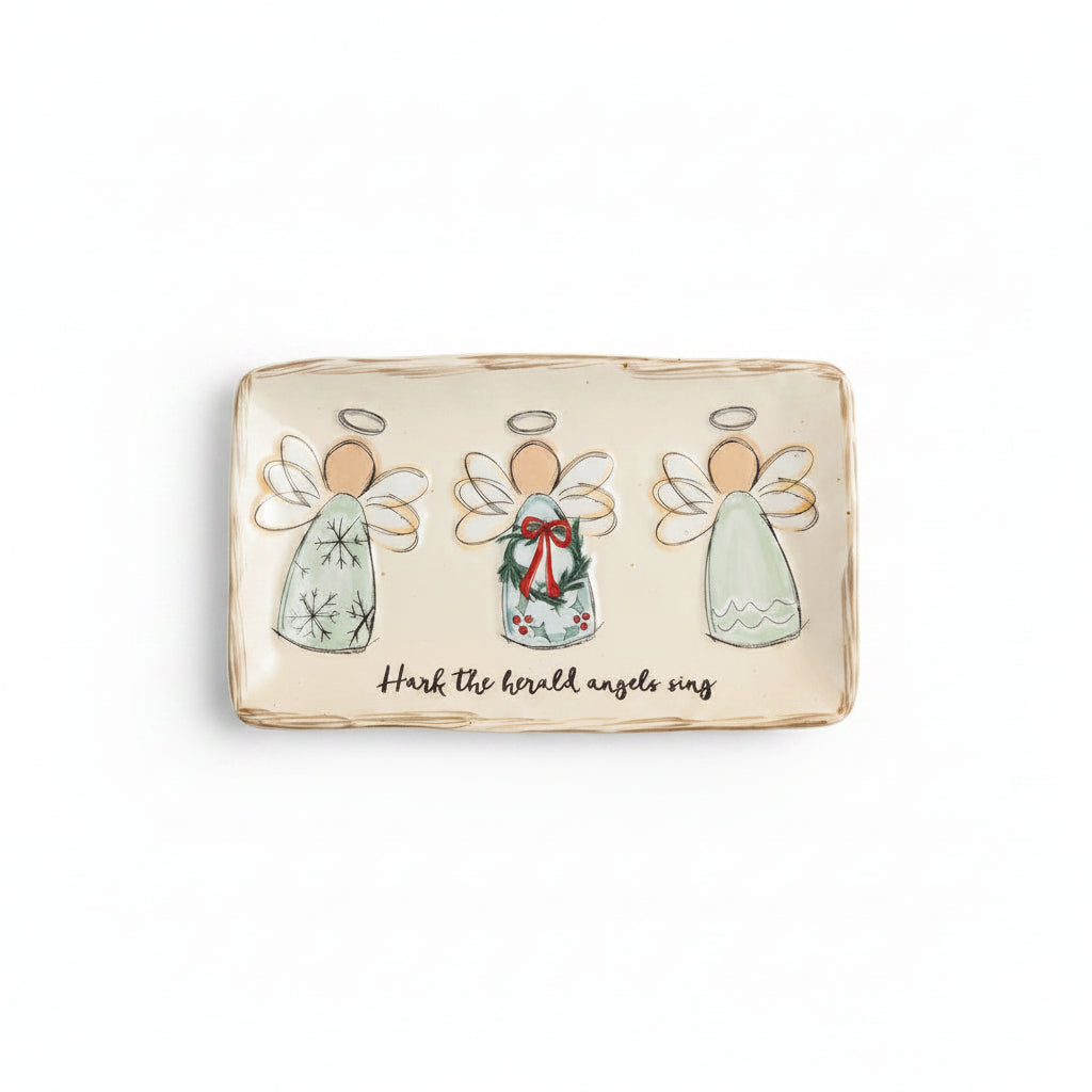 ceramic tray with 3 angels across the center, middle one is holding a holiday wreath, and 'hark the herald angels sing' in script across the bottom