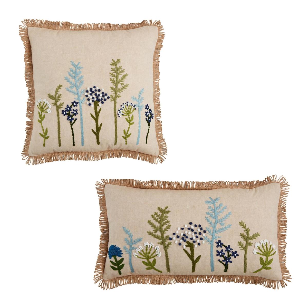 2 styles of blue floral pillows on a white background.