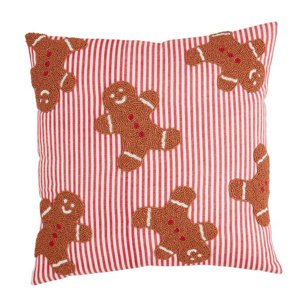 beaded gingerbread men on a red striped pillow