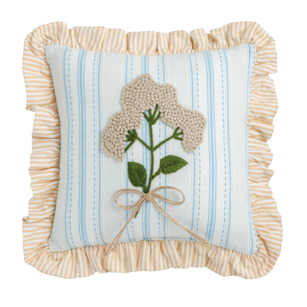 square pillow with mini blue stripes, beige striped ruffled edge and cream flowers
