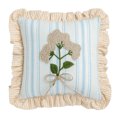 square pillow with mini blue stripes, beige striped ruffled edge and cream flowers