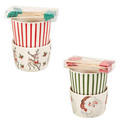 both styles of vintage christmas ramekin and toothpick sets displayed against a white background