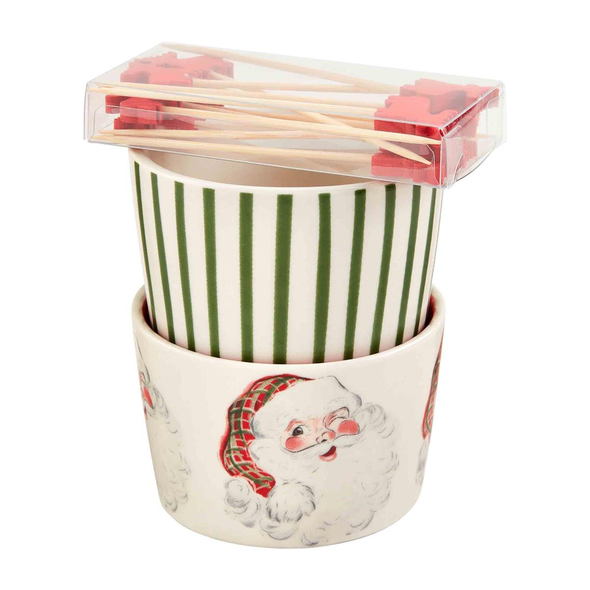 santa vintage christmas ramekin and toothpicks with red reindeer at the end and displayed against a white background