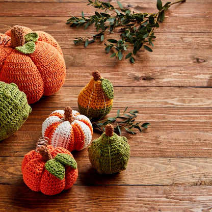 assorted crochet pumpkins and gourds arranged on a wooden table with greenery.