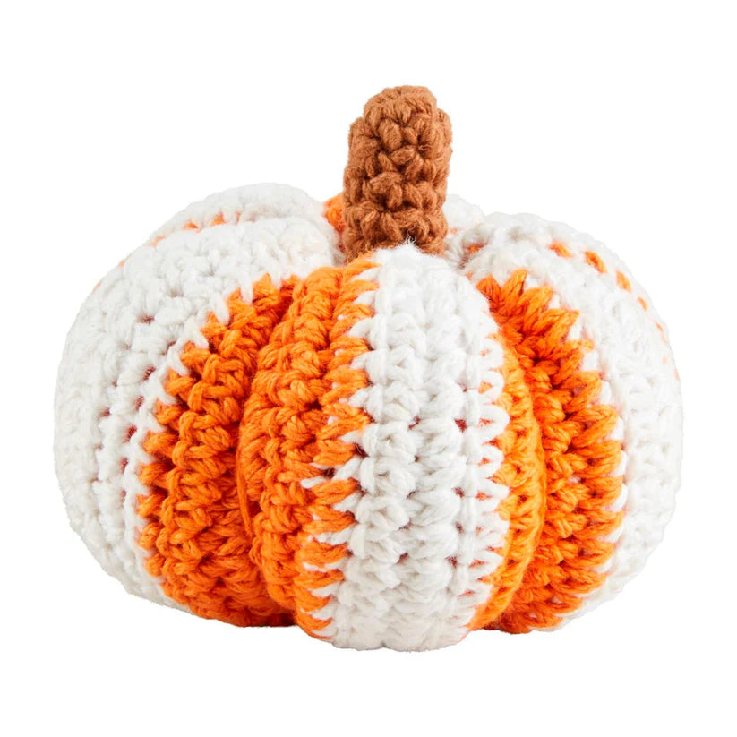 orange and white crocheted pumpkin.