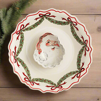 Santa Chip & Dip Bowl on a wood table with a sprig of greenery