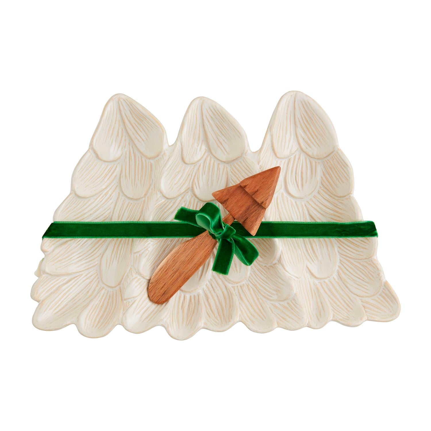 tree shaped triple dip dish with a tree handled wooden spreader tied to it with a green velvet ribbon.