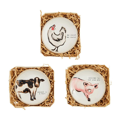 3 styles of Farm Animal Tidbit Dishes resting in individual boxes filled with brown paper shred