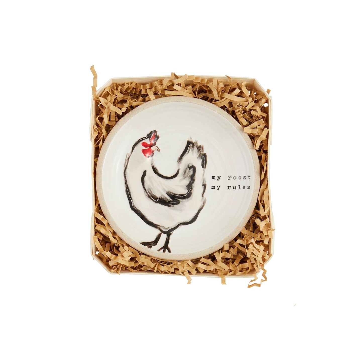 tidbit plate with image of a rooster and "my roost my rules" printed on it