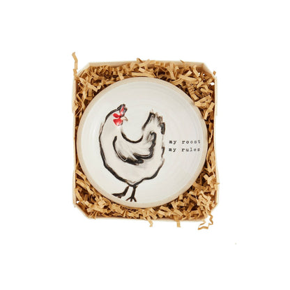 tidbit plate with image of a rooster and "my roost my rules" printed on it