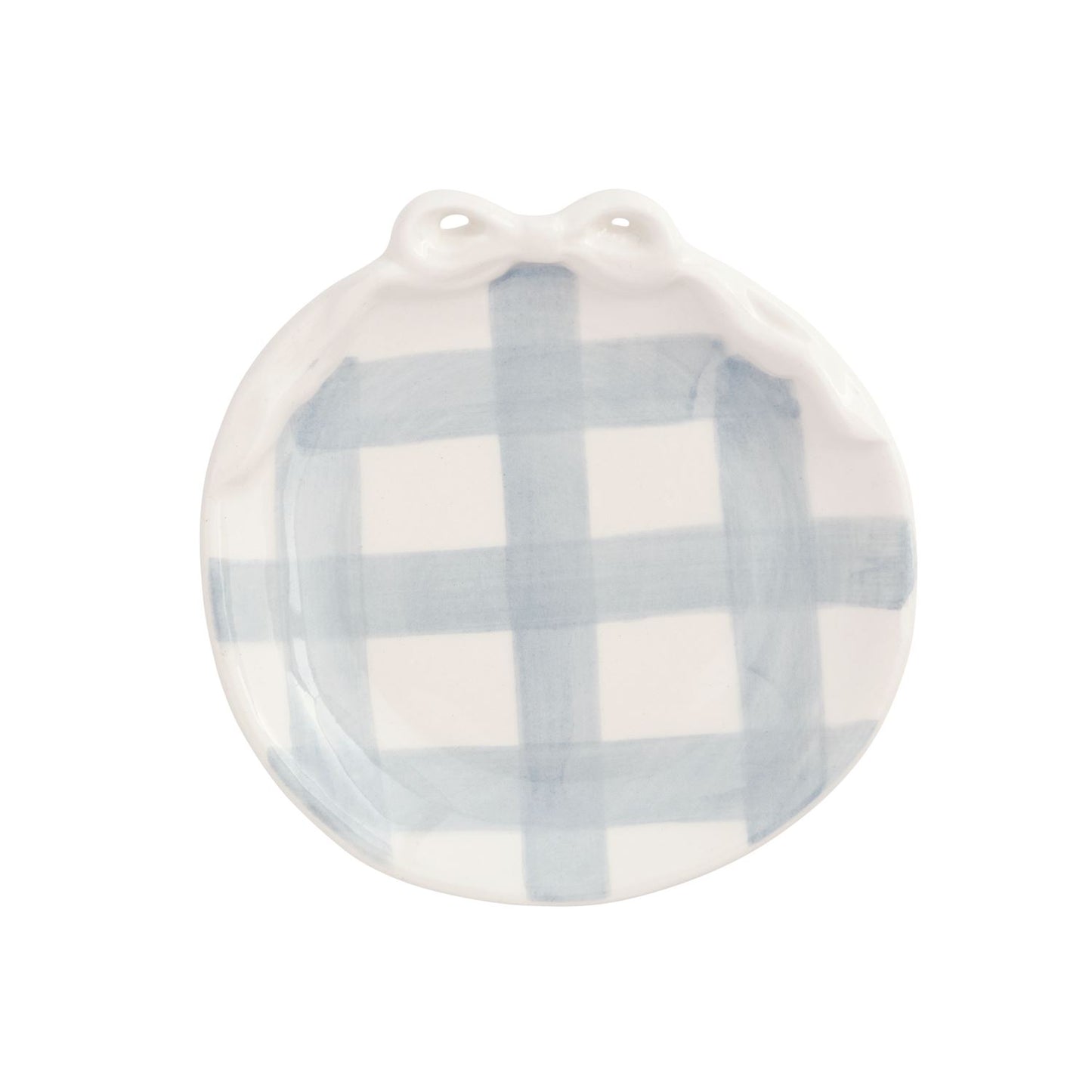 round small ceramic dish with blue gingham and bow on top