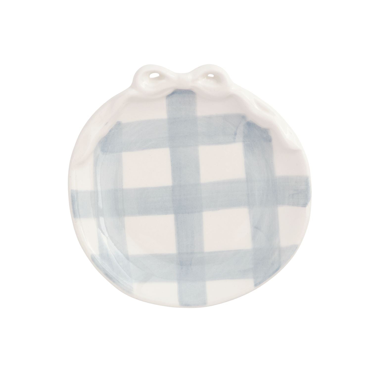 round small ceramic dish with blue gingham and bow on top