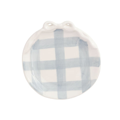 round small ceramic dish with blue gingham and bow on top