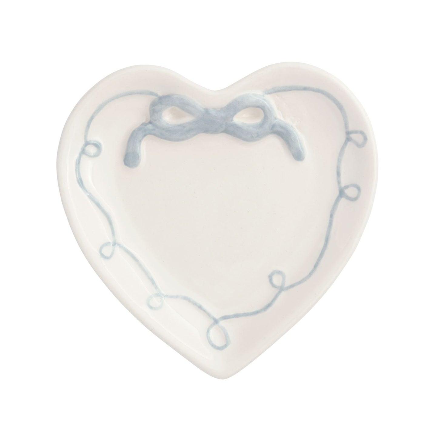 white ceramic heart dish with blue bow on top