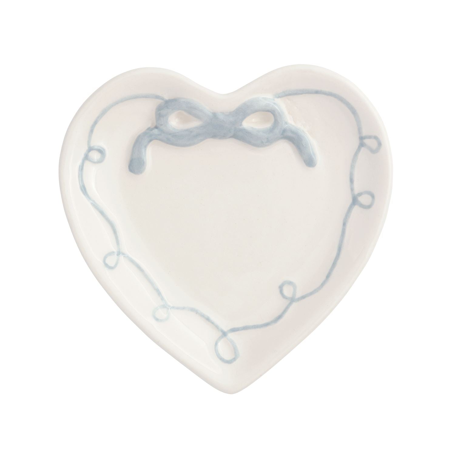 white ceramic heart dish with blue bow on top