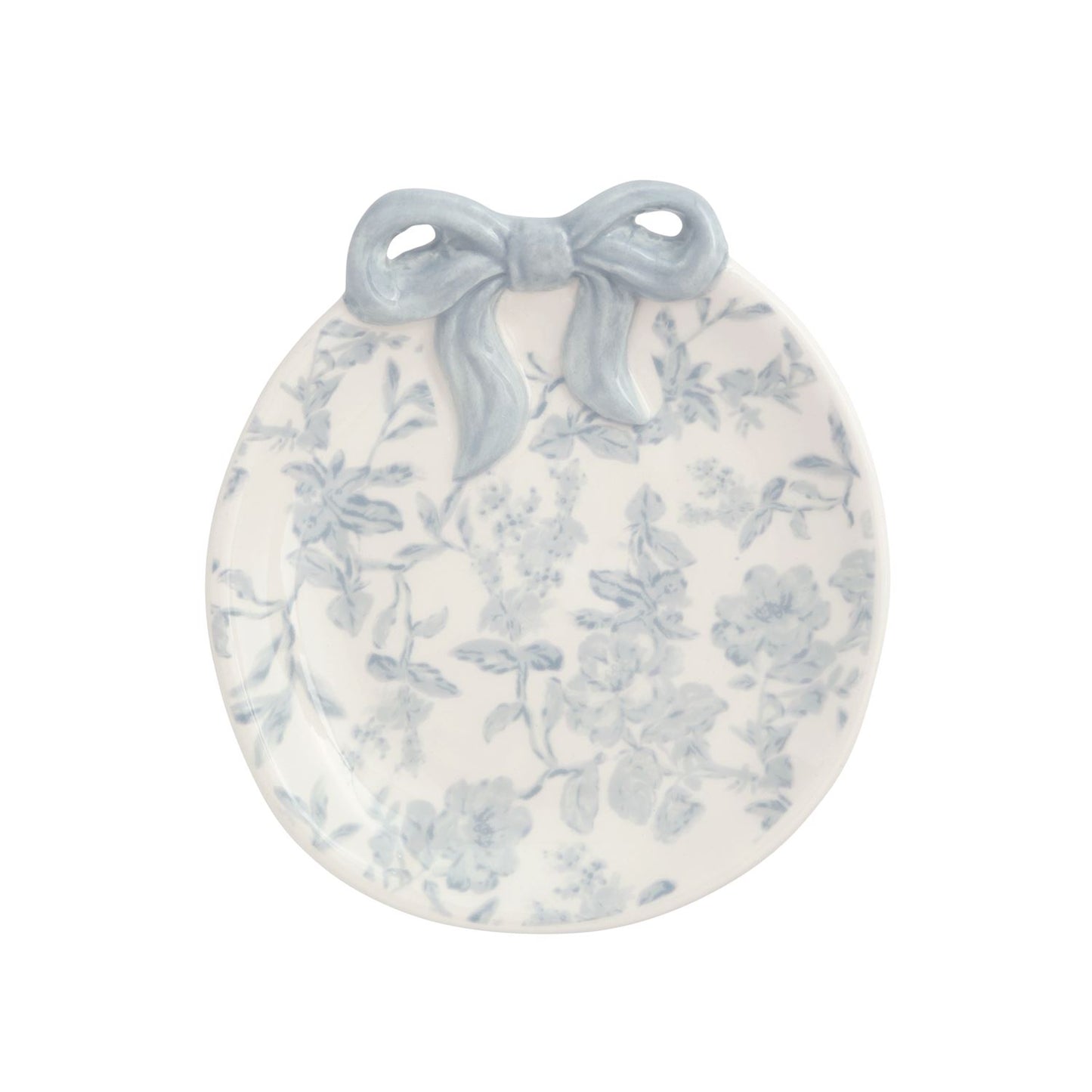 round ceramic dish with blue toile design and bow on top