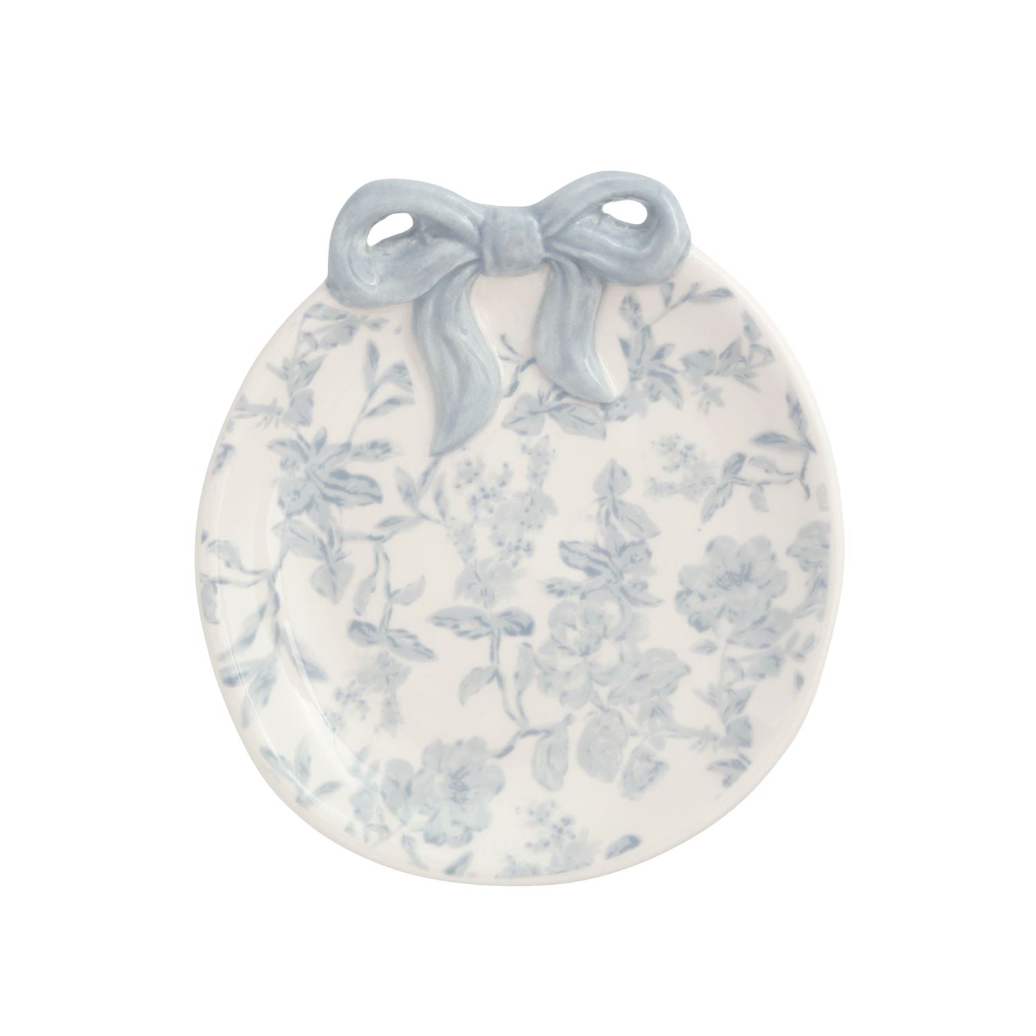 round ceramic dish with blue toile design and bow on top