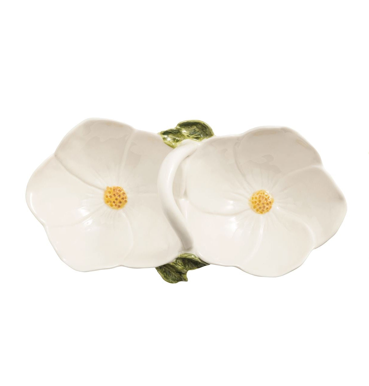 white flower double bowl with yellow flower centers, green leaves, and handle