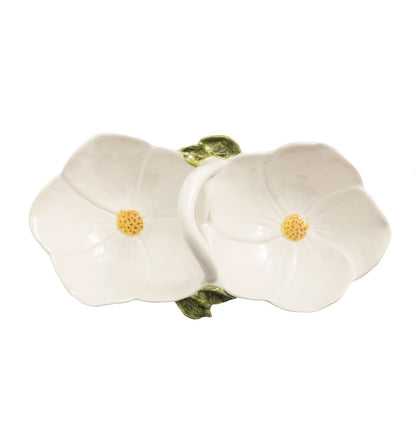 white flower double bowl with yellow flower centers, green leaves, and handle