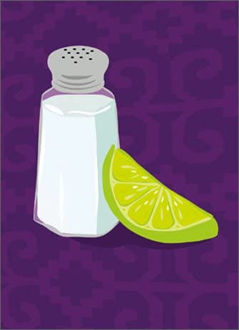 front of card is a drawing of a salt shaker and a lime slice on a purple background