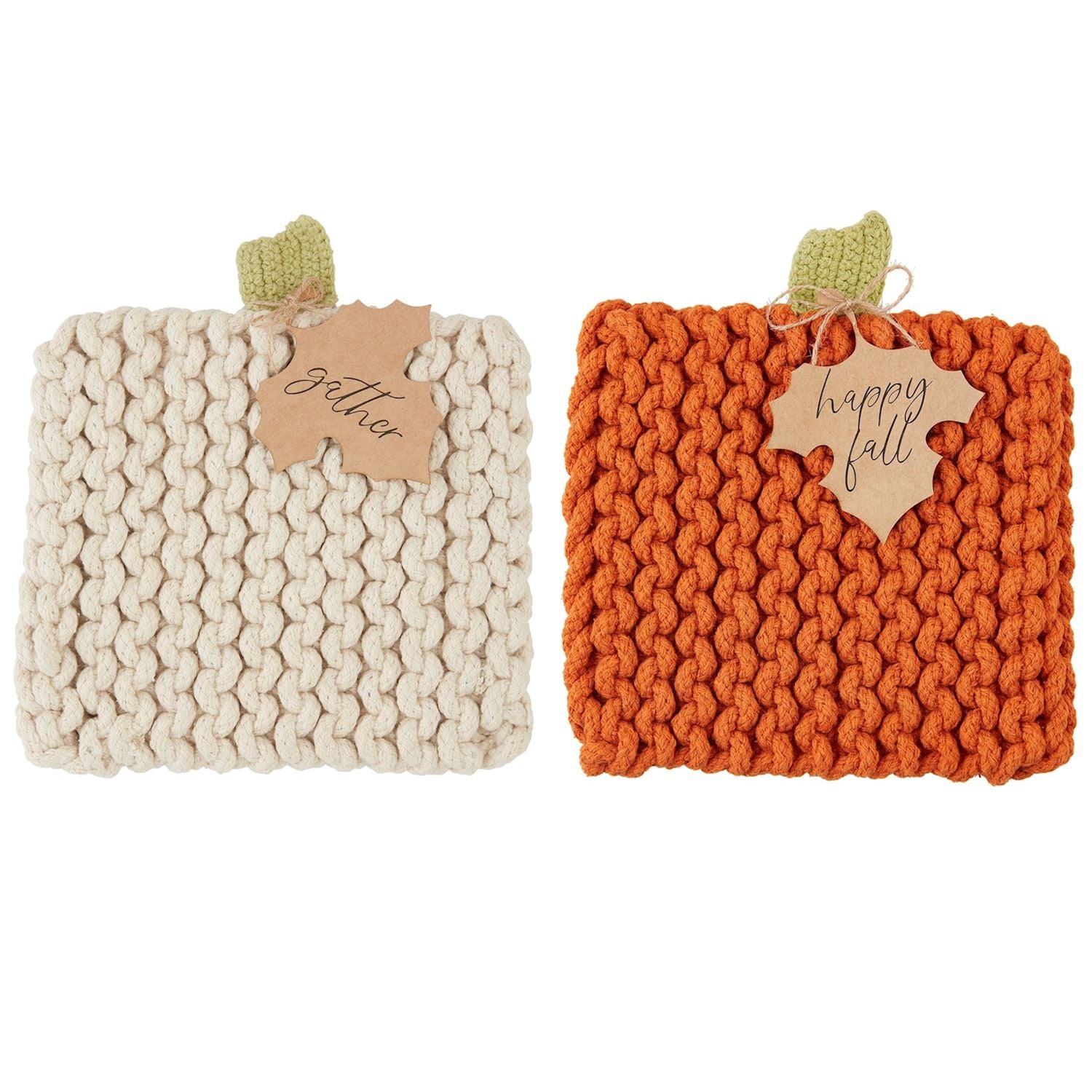 2 colors of knit pumpkin trivets.