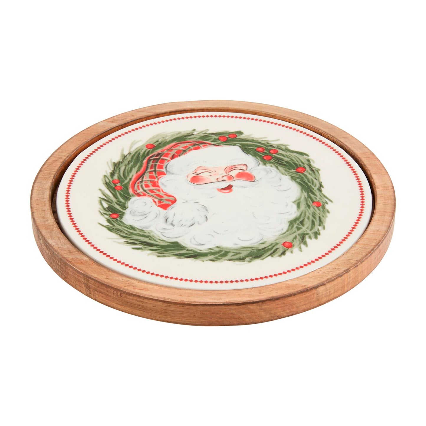 stoneware trivet with santa face set in a wooden pedestal.