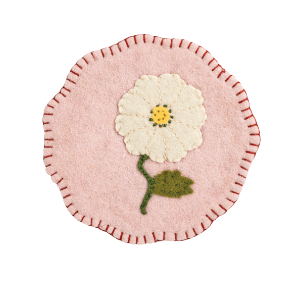 pink Felted Floral Trivet with design of white flower and bright pink stitched trim