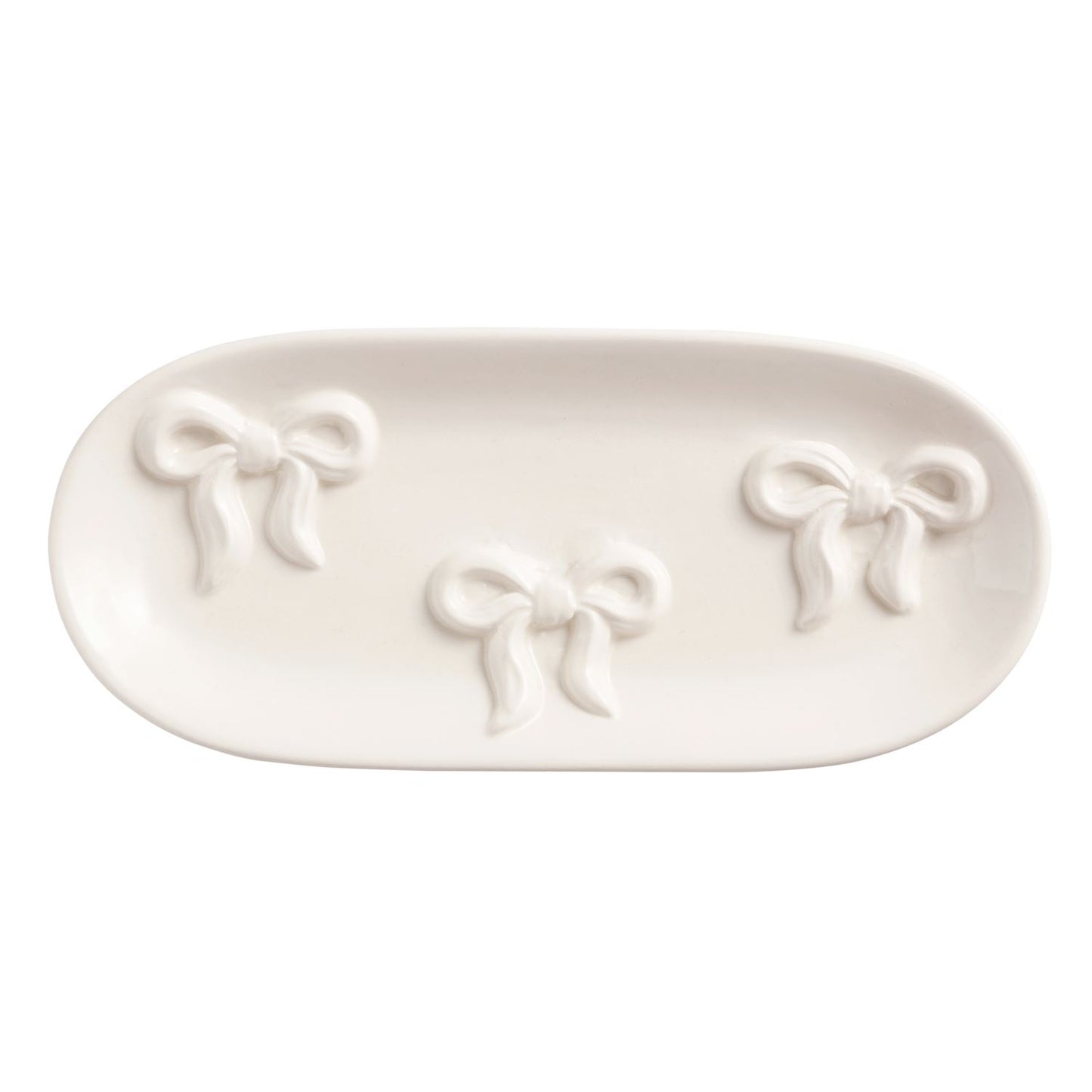White ceramic dish with 3 bows design on a white background