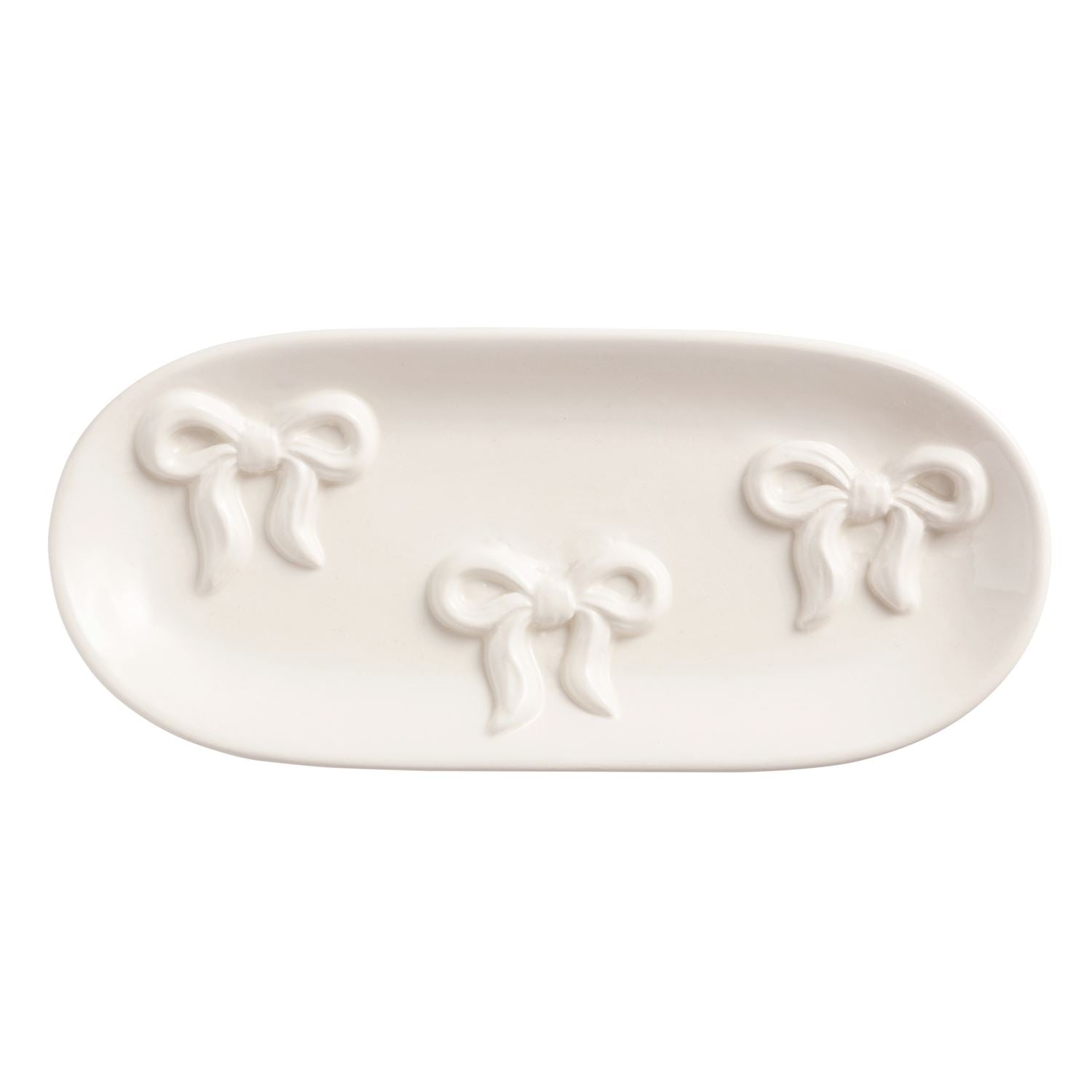 White ceramic dish with 3 bows design on a white background