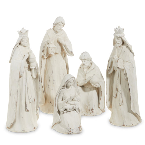 set of 5 whitewashed nativity set displayed against a white background