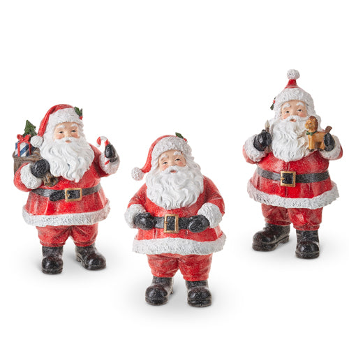 3 styles of santa figurines arranged on a white background.