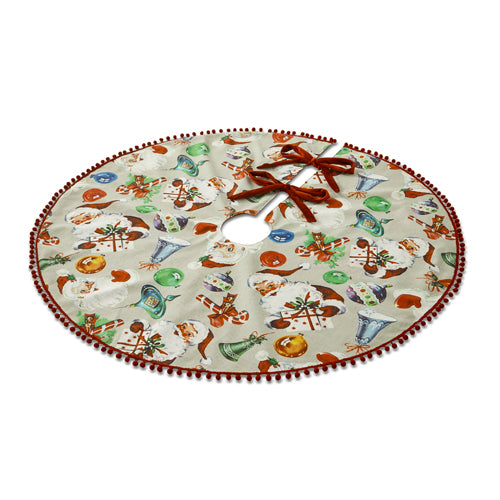 vintage santa tree skirt with santa, ornaments, candy canes, red ties, and pom poms around the outside edge against a white background
