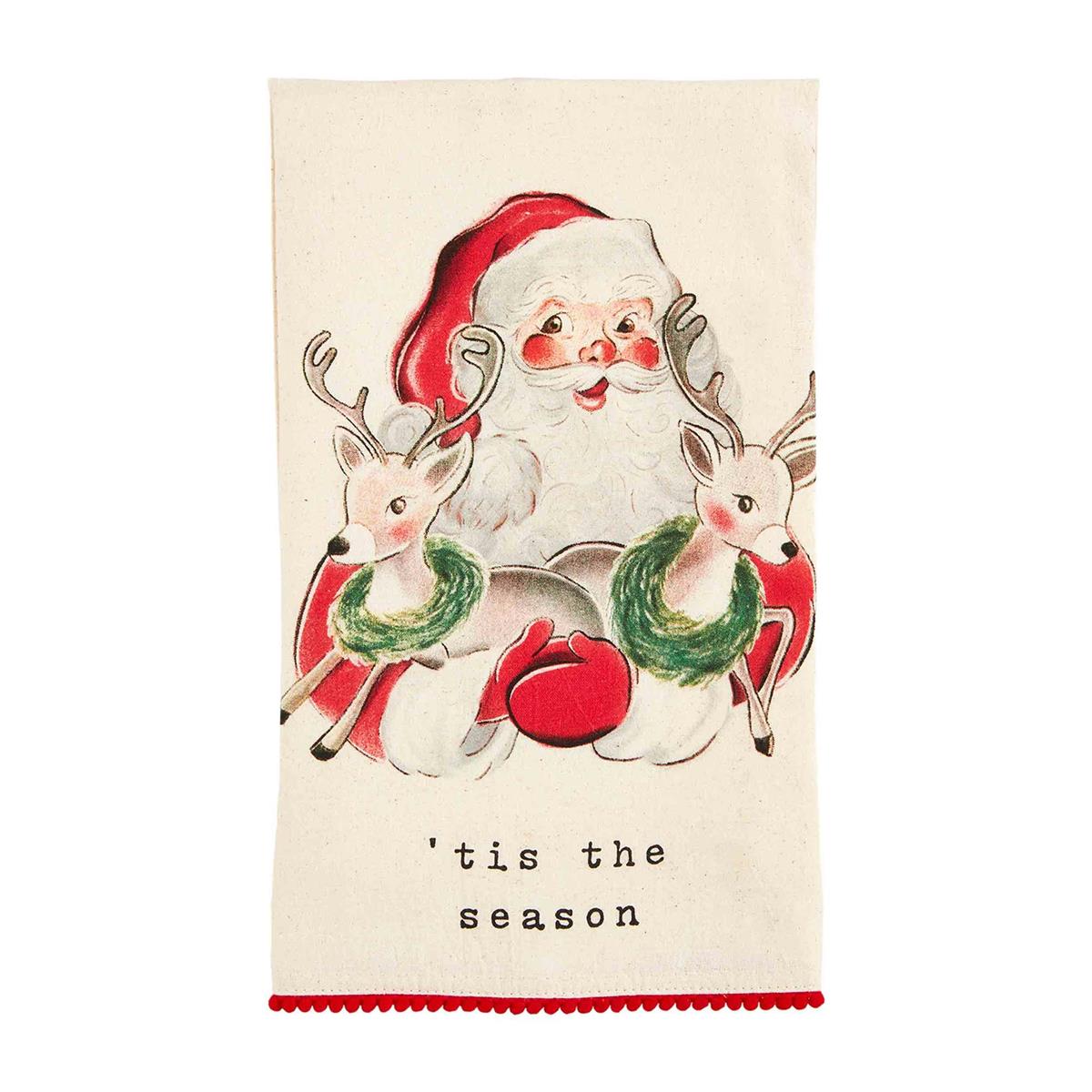 santa holding deer vintage santa and reindeer mini red pom towel displayed against a white background