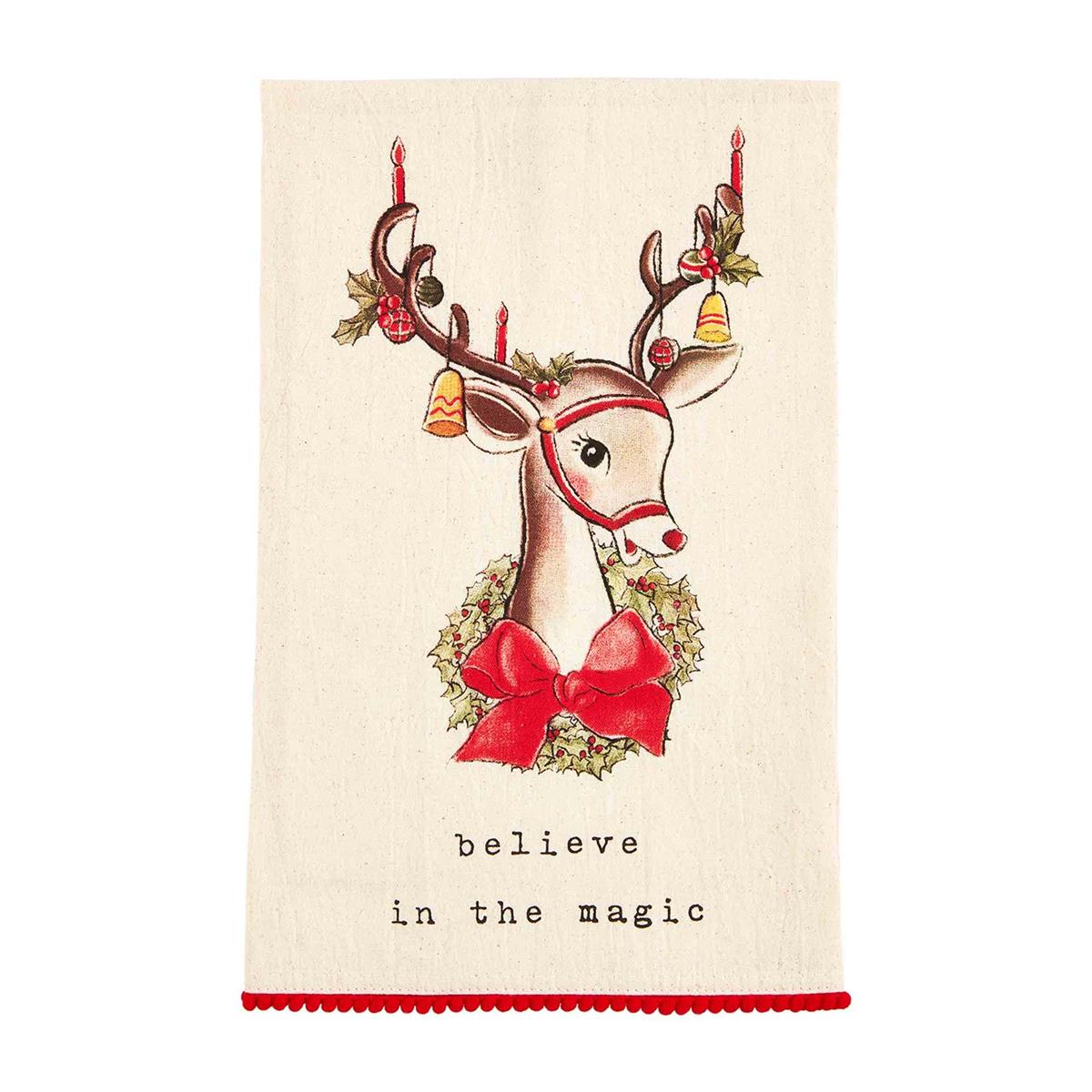 reindeer vintage santa and reindeer mini red pom towel displayed against a white background