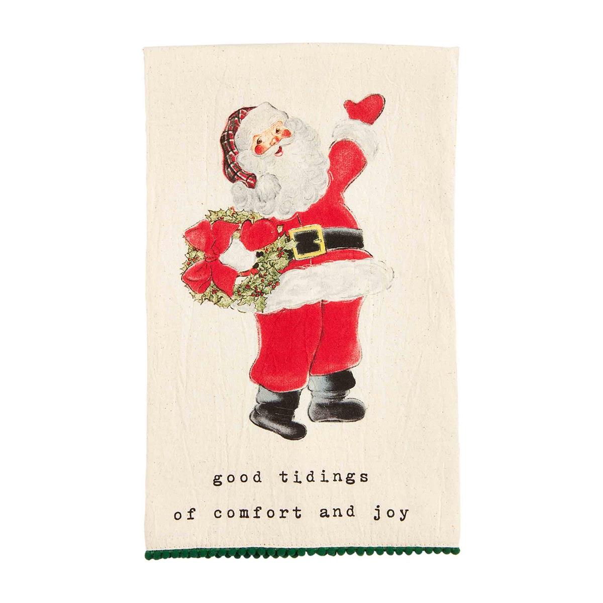 wreath santa vintage santa and reindeer mini green pom towel displayed against a white background