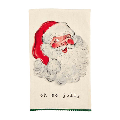 winking santa vintage santa and reindeer mini green pom towel displayed against a white background