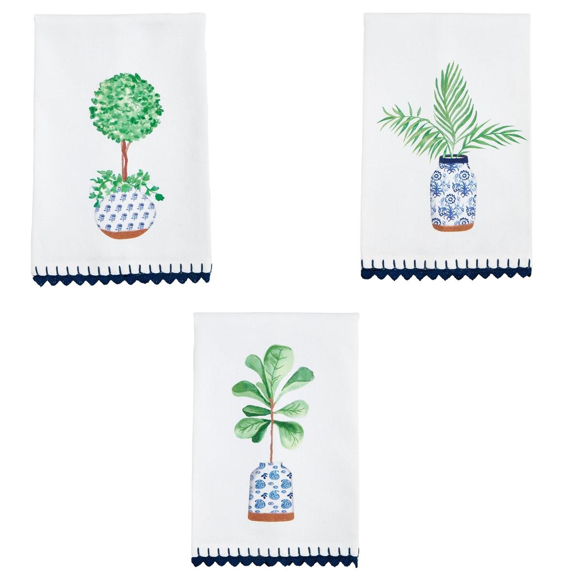 3 styles of potted plant hand towels on a white bakcground.