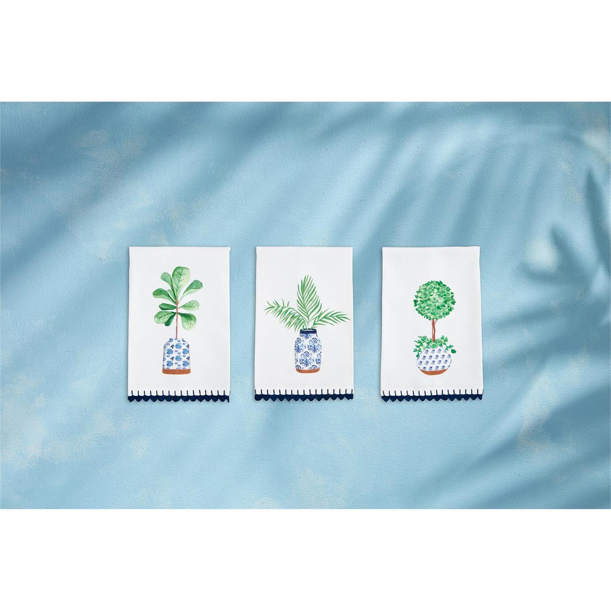 3 styles of potted plant hand towels in a row on a blue background.