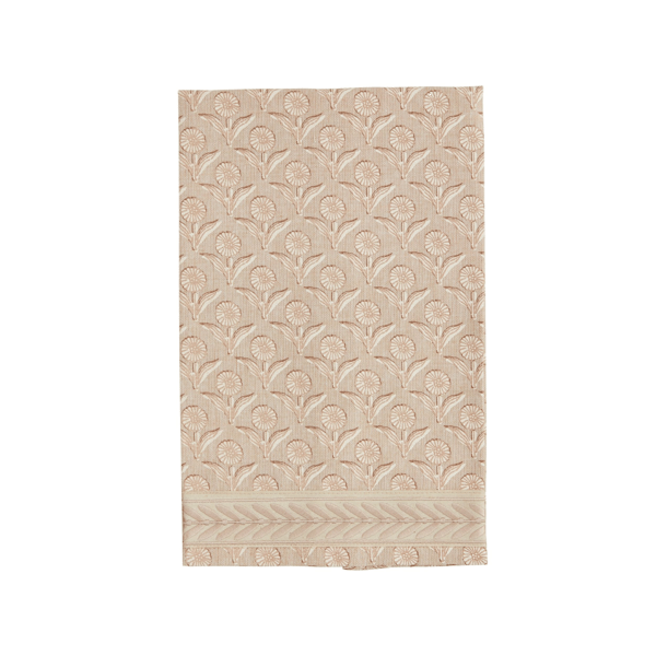 Beige towel  with a geometric floral pattern on a white background
