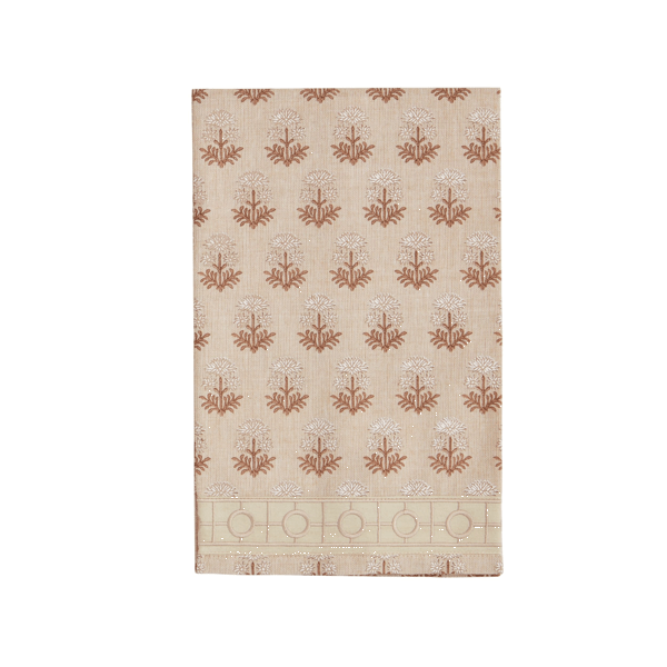 Beige towel with a stemmed flower pattern on a white background