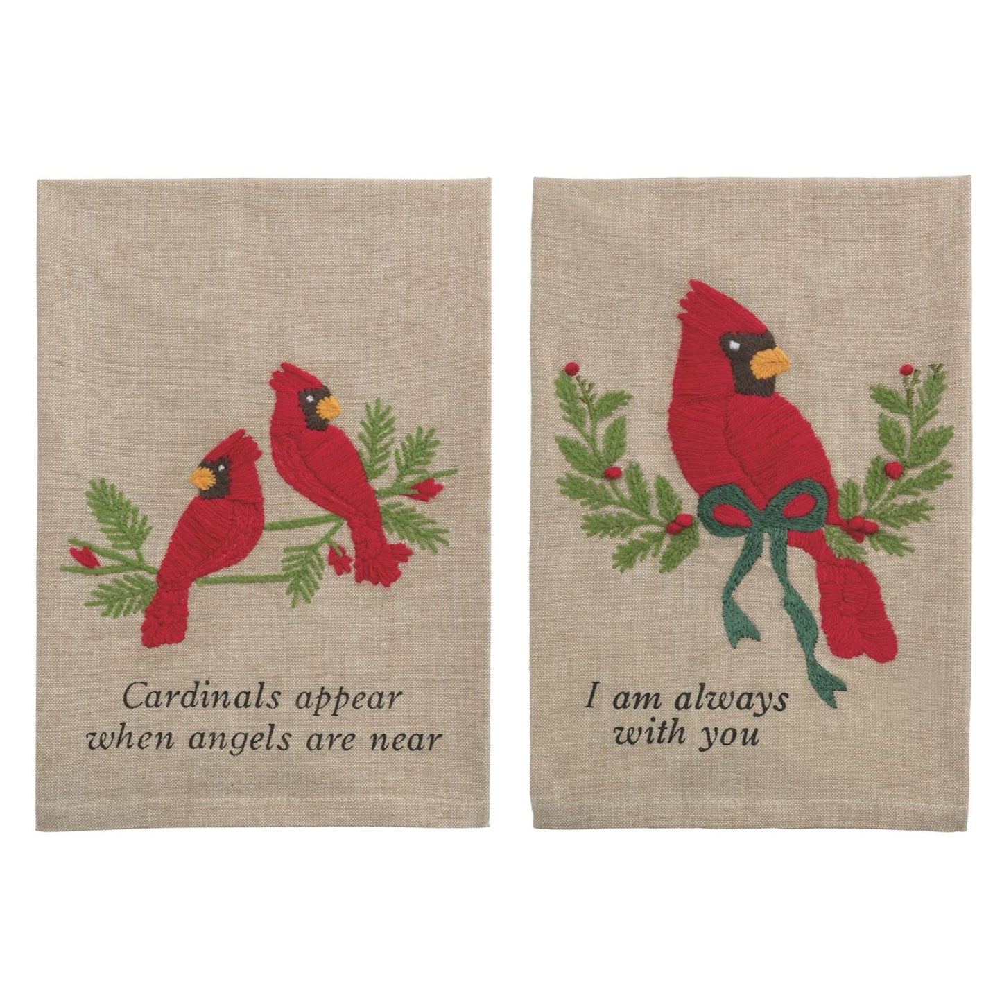 2 styles of Embroidered Cardinal Towels shown on a white background