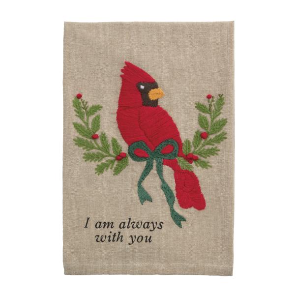 Embroidered Cardinal Towel with a cardinal perched on sprigs of greenery and text "i am always with you"