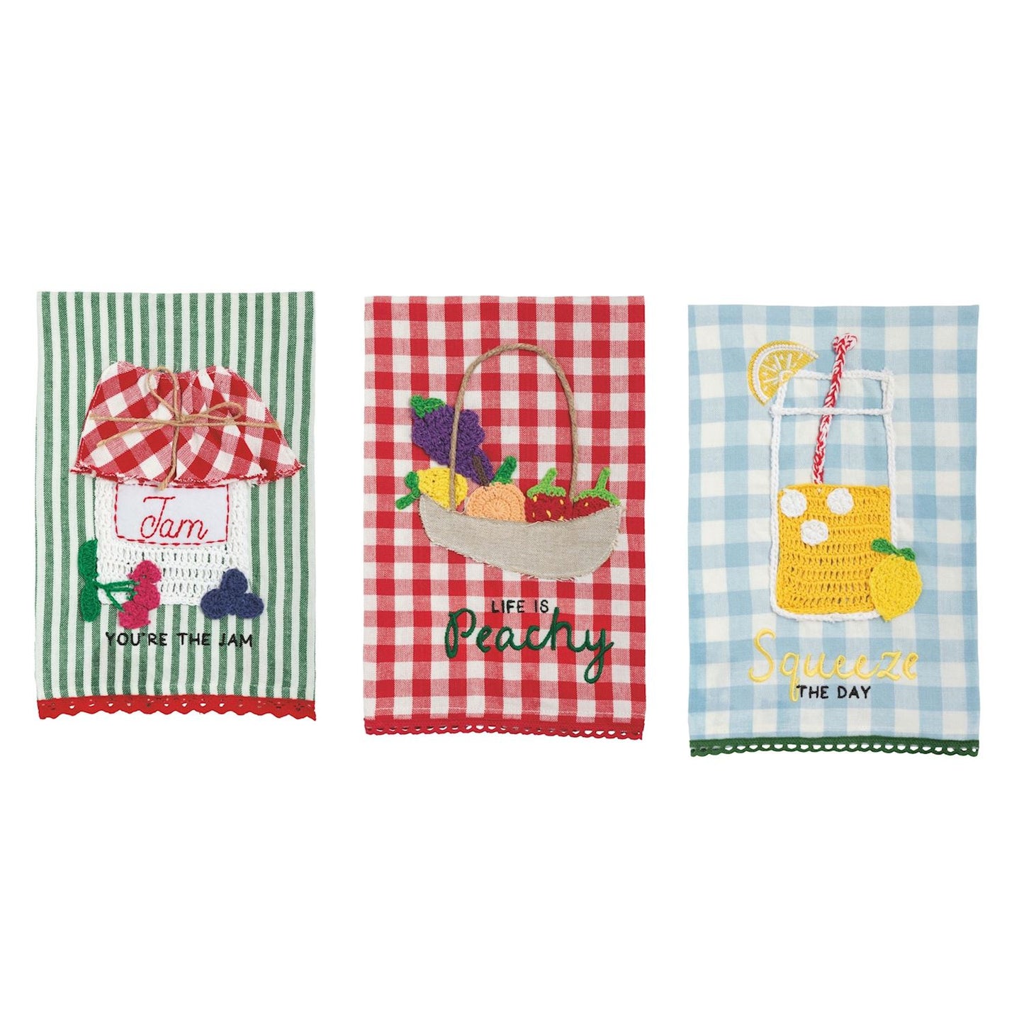 three towels with fruity  crochet elements