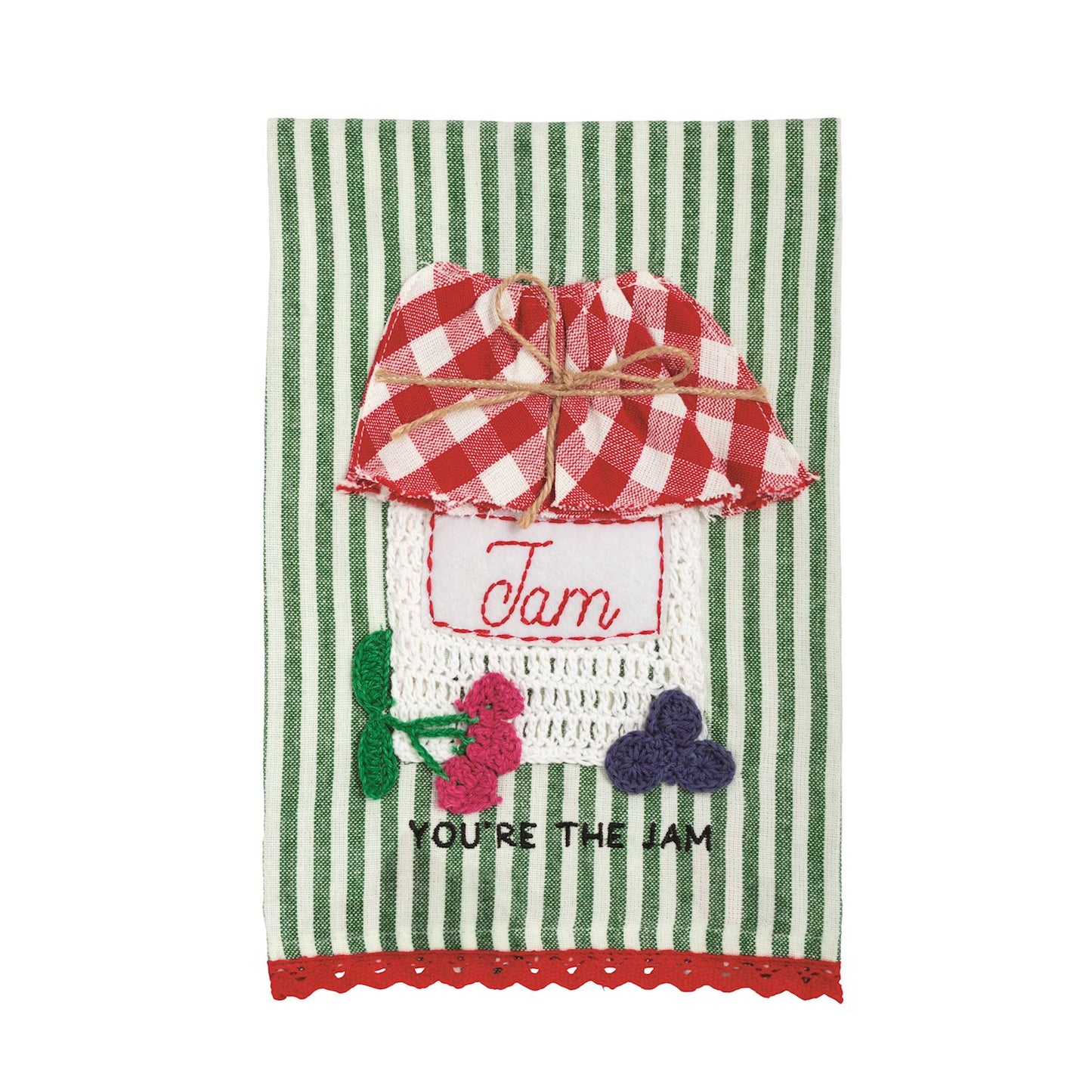 Decorative kitchen towel with a jar of jam design on a green and white striped background