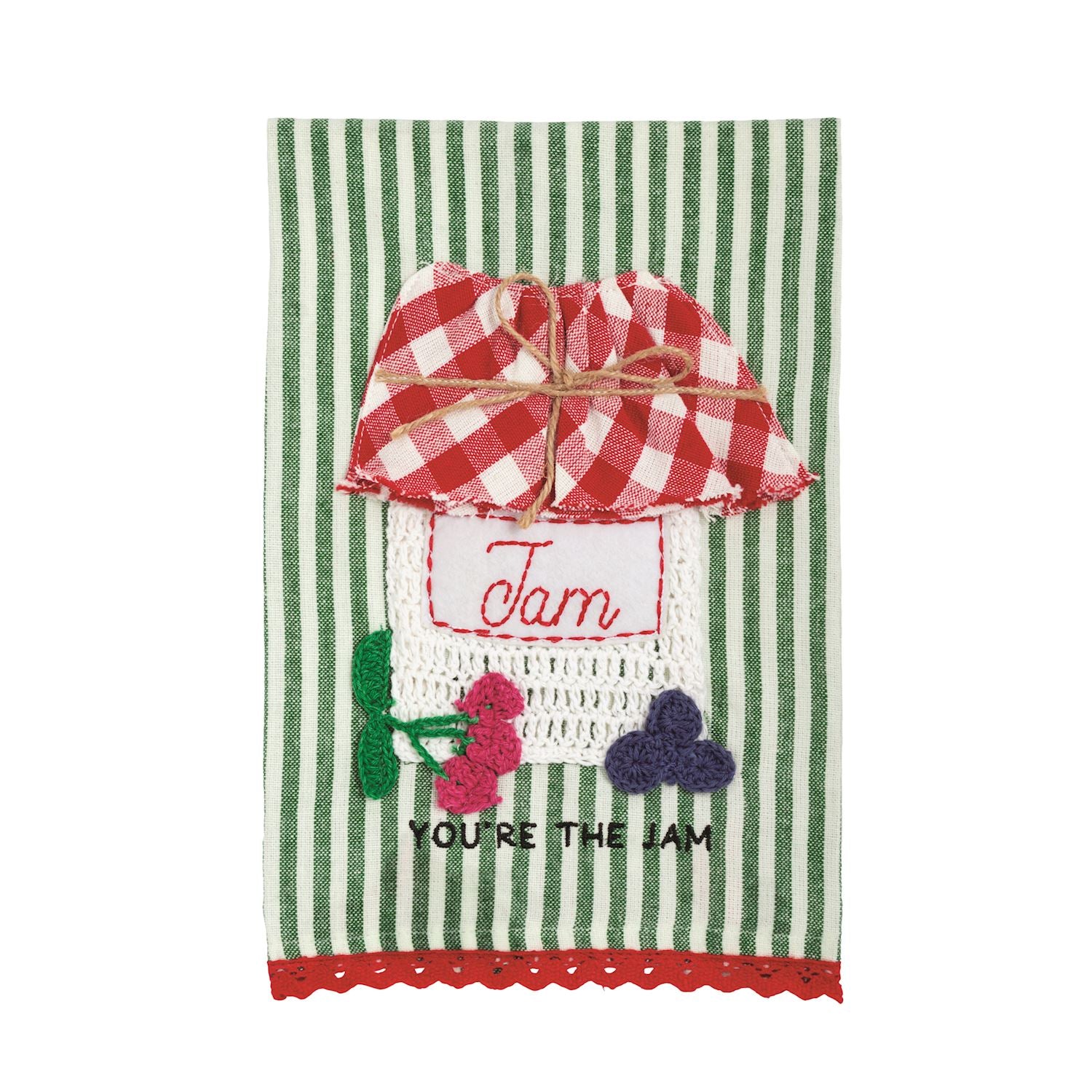 Decorative kitchen towel with a jar of jam design on a green and white striped background