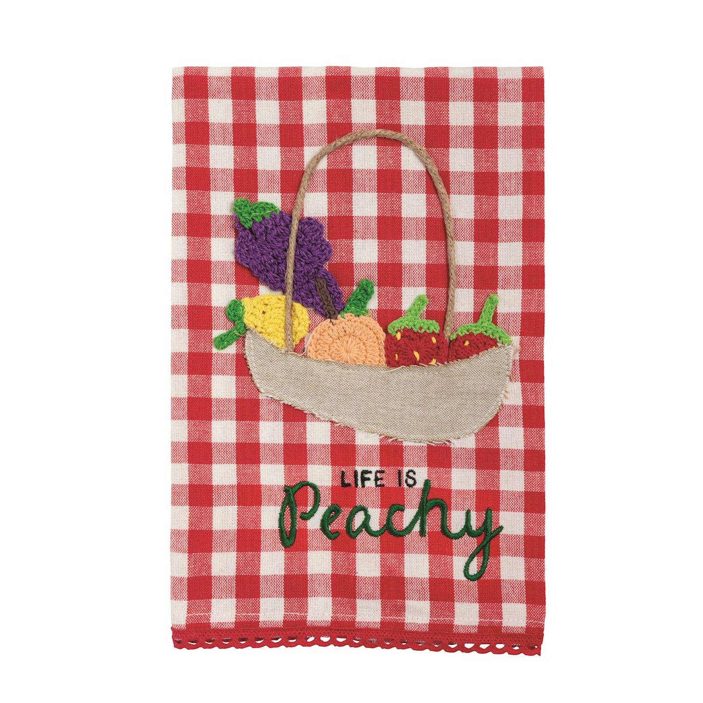 Red and white checkered towel with a basket of fruits and vegetables and 'Life is Peachy' text.