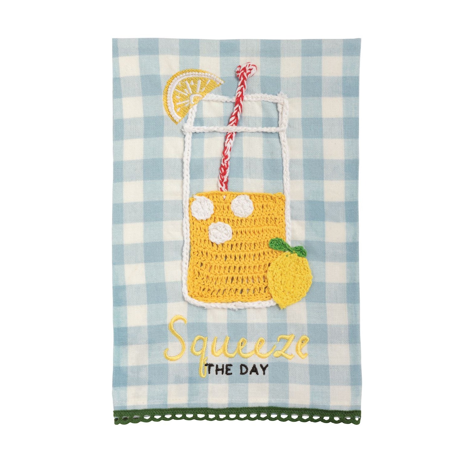 Embroidered towel with lemonade design and 'Squeeze the Day' text on a checkered background