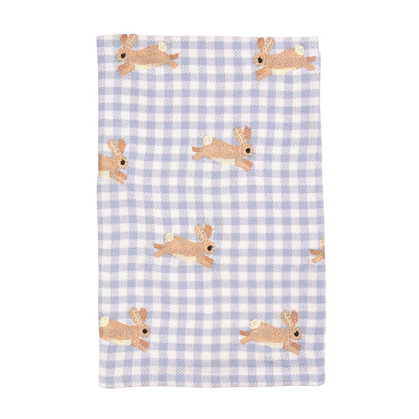 blue and white gingham towel with embroidered brown bunnies on it