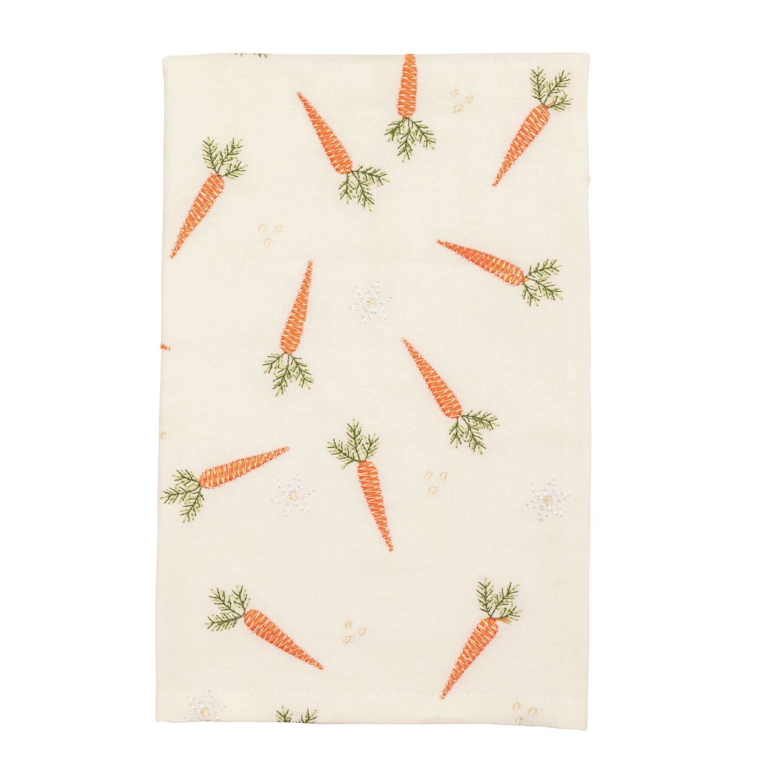 cream towel with scattered carrots embroidered on it